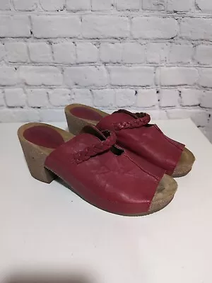 Sergio Tomani Red Leather Cork Heel Wedge Woman's Sandals Peep Toe  Size 8.5 /39 • $32