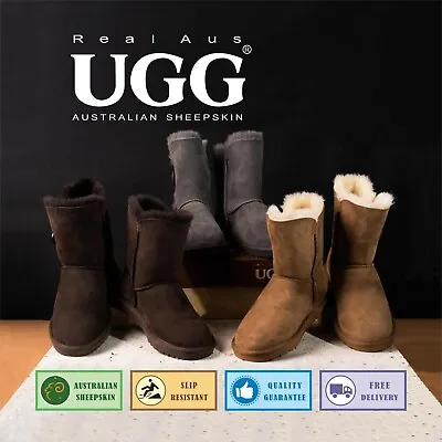 $69.95 • Buy Ugg Real Aus 100% Australian Sheepskin Wool Women 9  One Button Boot Chestnut