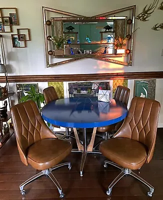 Chromcraft Kitchen Table Set 5 Pc Vinyl Diamond Chairs Wheels Vtg Mid Century • $750