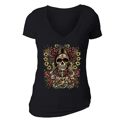 Womens Skeleton Woman Flower Sugar Skull Day Dead Dia De Muertos Mexican T-Shirt • $20.49