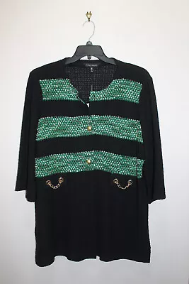 Ming Wang Knit Blazer Jacket Striped Black Green & Gold Size 1x Tailored Fit • $49.99