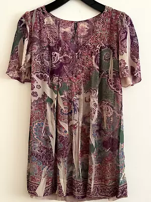Mushka Sienna Rose MEDIUM Blouse Top Purple Green Short Sleeve • $10