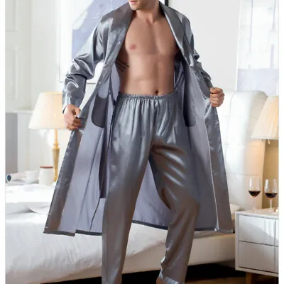 2x Men Bathrobe Faux Silk Satin Pajamas Pants Sleepwear Nightwear Gown Home Soft • $43.04