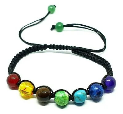 7 Chakra Bead Bracelet Crystal Gemstone Jewellery Healing Adjustable Anxiety UK • £3.45