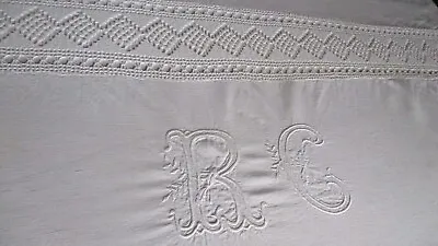 Stunning Vintage French Heavy Linen Sheet Lace Insert Elaborate Monogram R.C • £99.60