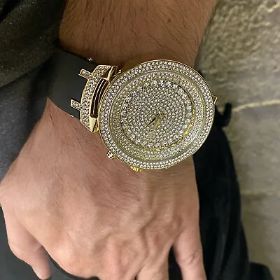 Hip Hop Watch Big Round Iced Micro Pave Simulated CZ Gold Plated  Black Band • $45.25