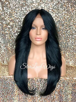 Lace Front Wig Long Straight Jet Black #1 Layered Middle Part Heat Ok For Women • $56.66