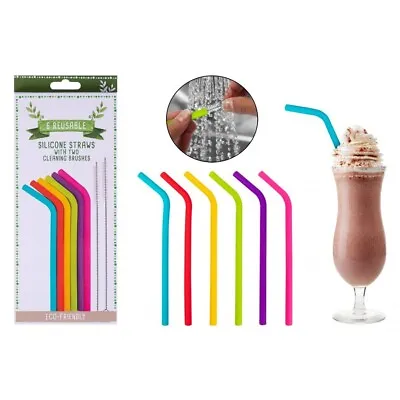 6 Silicon Colorful Straw With Cleaning Brush Reusable Party Milkshake Smoothie • £4.89