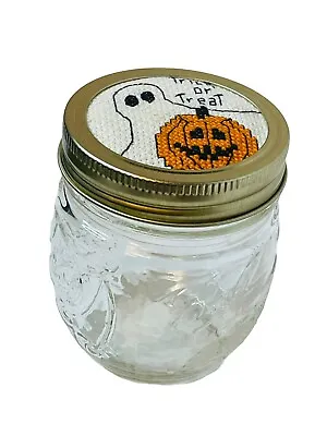 Halloween Ball Mason Glass Fruit Jar Cross Stitch Lid Trick Treat Ghost Pumpkin • $12.99