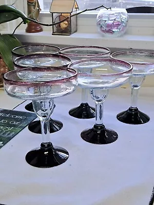 6 Heavy Mexican Hand Blown Margarita Glasses  Rare Purple/Amethyst Rim & Footing • $68.50