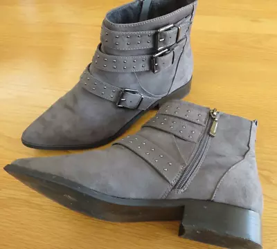 Miss Kg Ankle Boots Grey Nubuck Withside Zip Fasten Buckle & Stud Detail • £8.99