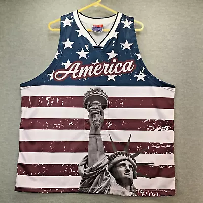 USA Drinking Team Tank Top Mens 2XL Statue Liberty Flag Beer Sleeve Front Pocket • $17.99