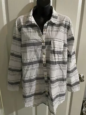 Matilda Jane Clothing L Button Up Stripe Top Grey/white Roll Tab ~~ • $18.50