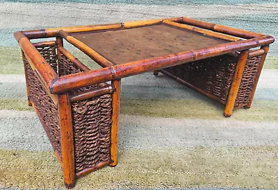 Vintage Wicker Bamboo Lap Table Breakfast Bed Serving Tray Magazine Book Pockets • $104.98
