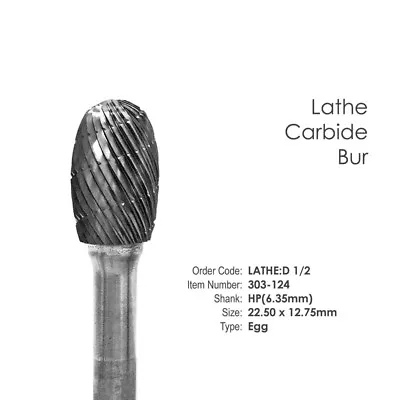 Dental Lab Lathe Carbide Bur D-1/2 Egg Shape 1/2  Diameter 1/4  Shank New • $42.07