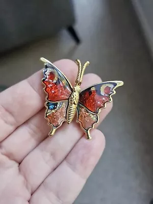 Vintage Butterfly Brooch Gold Tone With Enamelled Glitter Wings  • $9.90