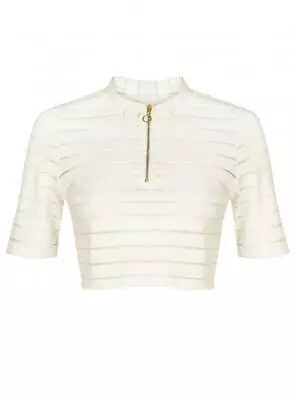 Brand New Ex Topshop Ribbed Short Sleeve Zip White Crop Top Sizes 6-14 • £7.95