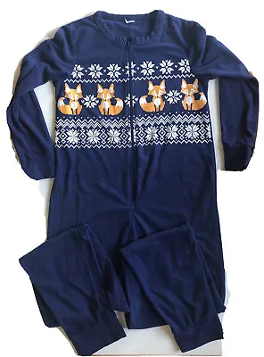 Mens Adult  Zipper Pajama Fleece Jumpsuit One Piece PJs Suit Fox Fair Isle Blue • $18.88
