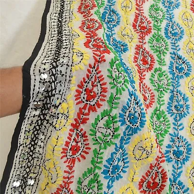 Sanskriti Vintage Dupatta Hand Embroidered Georgette White Phulkari Ooak Stole • $64.99