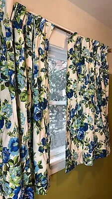 Vintage 1960s 1970s Blue Rose Floral Curtains Drapes  • $45