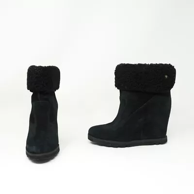 Ugg Kyra Genuine Suede Shearling Lined Wedge High Heel Ankle Booties Shoes Black • $60