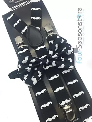 Black Mustache Bow Tie And Suspender Matching Set Tuxedo Wedding Accessories  • $8.99