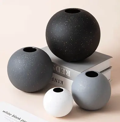 Matte Greyscale Sphere Ceramic Flower Vase Round Home Decor Modern Speckled 1pc • £35.49