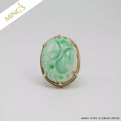 MING'S 14.5g 14KYG WHITE & GREEN JADE CARVED GOURD RING SIZE 8 • $1200