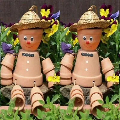 £14.95 • Buy Set Of Two Flower Pot Man Straw Hat Terracotta Bill & Ben Home Garden Ornaments 