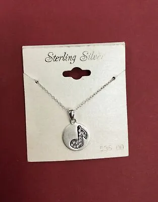 18” Sterling Silver Necklace W Round Musical Note Pendant W CZs • $9.95