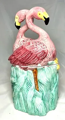 Vintage 1997 Lotus Pink Twin Flamingo Ceramic Kitchen Canister Cookie Jar Read • $64.99