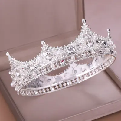 £52.55 • Buy  Round Silver Crown/tiara With Clear Crystals, Pearls, Bridal Wedding Racing