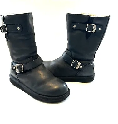 UGG AUSTRALIA KENSINGTON BLACK BIKER LEATHER BOOTS UK 5.5 May Come Up Smaller • £45