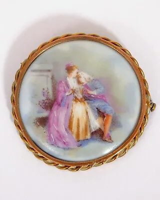 Vintage Limoges Gold Tone Porcelain Hand Painted Couple Courting Brooch Pin • £15