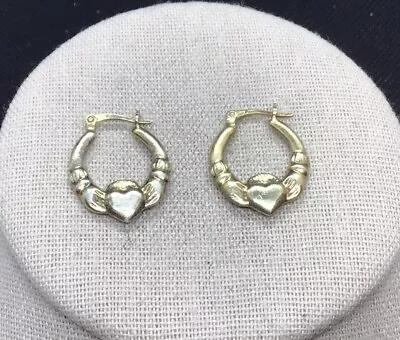 Vintage Yellow Gold Over Sterling 925 Irish Claddagh Hoop Earrings X952 • $14.99