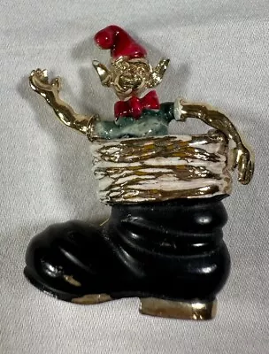 Vintage Gold Tone Christmas Brooch Elf In Santa Claus Black Boot • $5