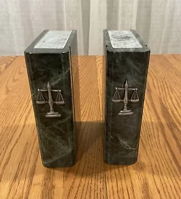 Pair Of Vtg Green Marble Book Ends “Law Books” Pewter Scales Of Justice Carved • $129.99