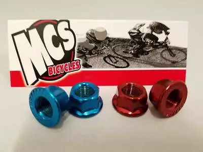 MCS BMX STEEL ED PLATED 3/8  X 26 Tpi AXLE NUTS PAIR RED • $5.99