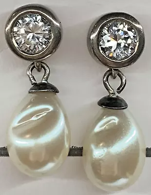 Vintage Carolee Sterling 925 Large Freshwater Pearl CZ Headlight Dangle Earrings • $74.95