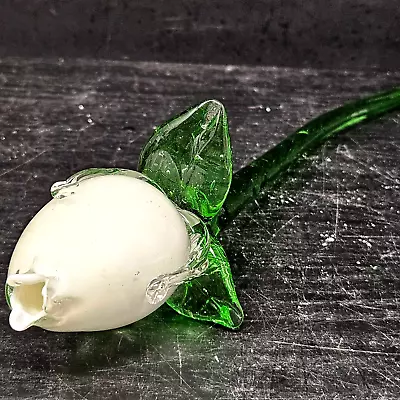 Art Glass Hand Blown Murano Style White Rose Flower Bud Valentine Long Stem #14 • $24.04