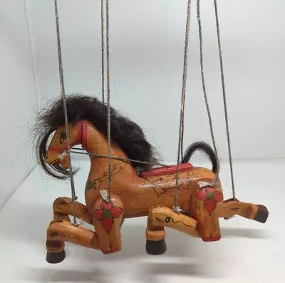 Wooden Horse Marionette Puppet Hand Carved Articulated Legs Real Hair 10  Tall   • $69.95