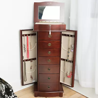 8-Drawer Wooden Jewelry Armoire Freestanding Lockable Mirrored Lid White Black • $187.46