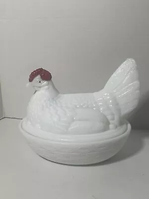 Vintage Westmoreland? Milk Glass Large Chicken Hen On Nest Covered Dish Red Comb • $40