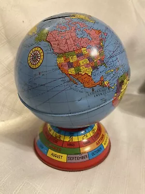 Vintage Metal Litho World Globe Bank Zodiac Seasons Months 7 Inches Tall • $16