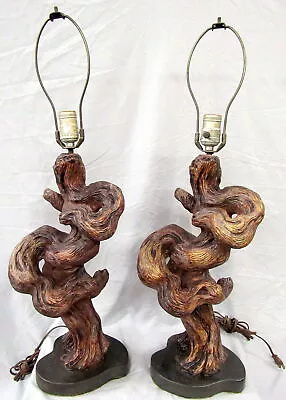 Pair Of  MID CENTURY MODERN PLASTER TREE TRUNK GNARLED Wood-like Table LAMPS • $181.07