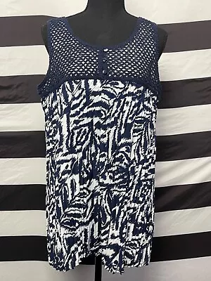 RQT Tunic Top Womens Blue White Tank Crochet Pleated Sleeveless Blouse • $10.39