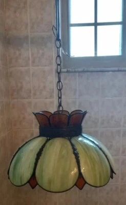$53.95 • Buy Vintage Mint Green Caramel Slag Glass Hanging Ceiling Tulip Light Lamp NICE