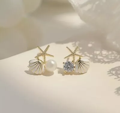 Kate Spade Earrings Enamel Shell Fish Pearl 14k Gold Starfish Stud Asymmetrical • $24.91