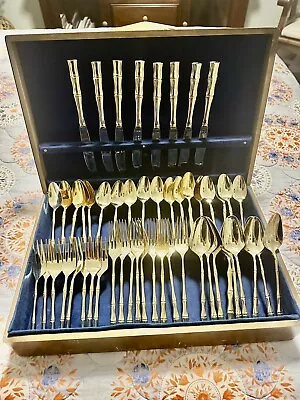 52 Piece Gold Tone Bamboo Style Flatware Brass Silverware Electroplate & Box EXC • $199