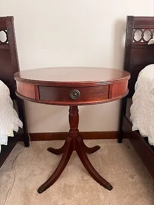 Antique Mahogany  28  Round Drum Table With Drawer And Brass Feet • $175